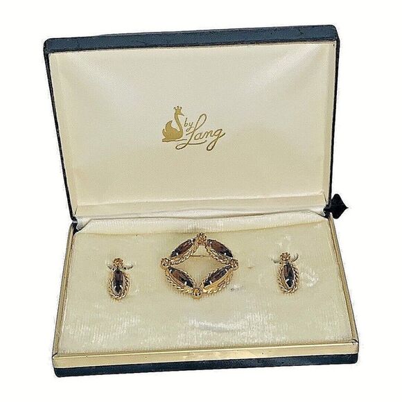 VTG Lang Icy Smokey Topaz Gold Plated Jewelry Set Brooch Clip On Earrings - Picture 1 of 16